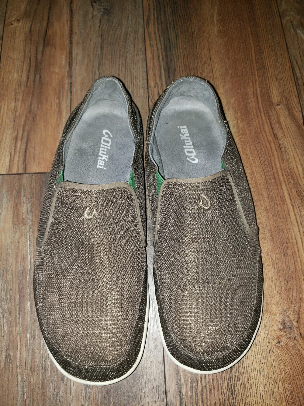 OluKai Men's Brown Mesh Slip-On Loafers with Green Stretch Panels